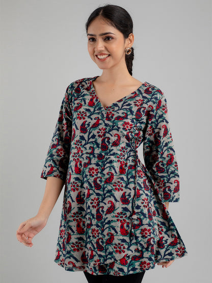 Floral Printed V-Neck Pure Cotton Angrakha A-Line Kurti FRKT6173