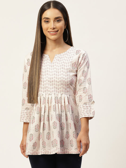 WOMEN WHITE & BABYPINK COTTON PRINTED A-LINE KURTI