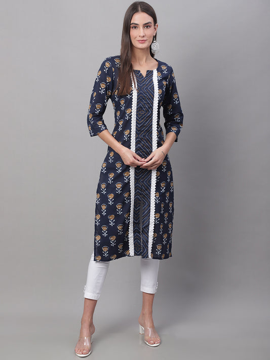 Women Blue Printed Straight Fit Kurti