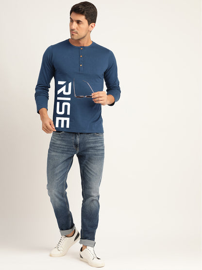 Rise Teal Blue Henley Full Sleeves T-Shirt