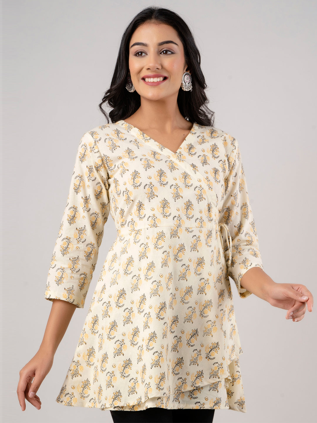 Cotton Printed Yellow Angrakha Short Tunic