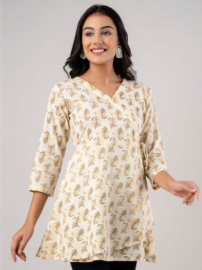 Cotton Printed Yellow Angrakha Short Tunic