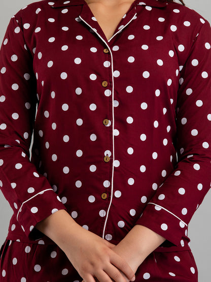 WOMEN POLKA DOT MAROON NIGHTSUIT