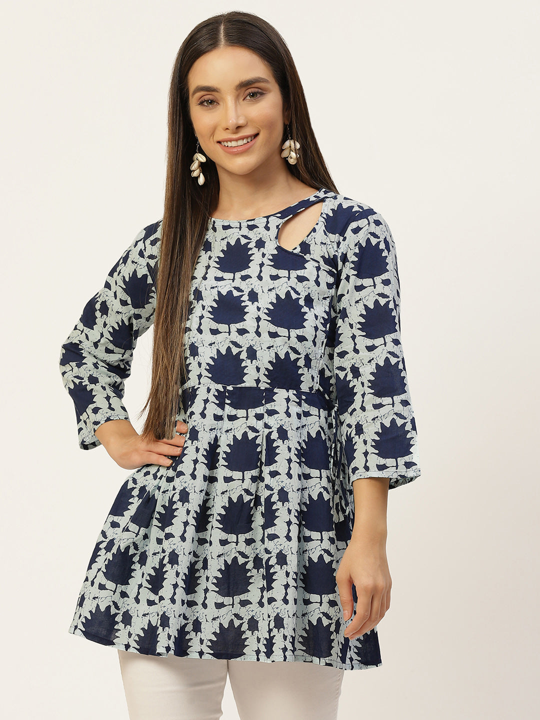 WOMEN FLARED DESIGNER BLUE SHORT KURTI