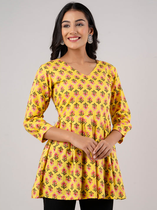 Printed Cotton Yellow Peplum Tunic