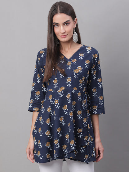 Women Blue Cotton Printed Short Kurti