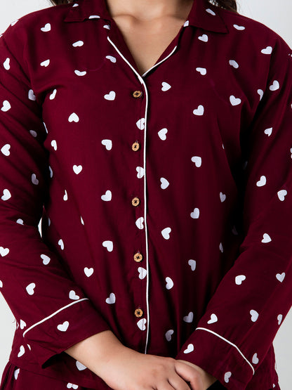 WOMEN WHITE HEARTS PRINT MAROON NIGHTSUIT