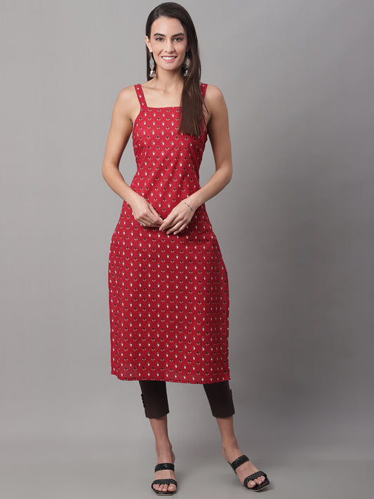 Women Red Printed Straight Fit Kurti