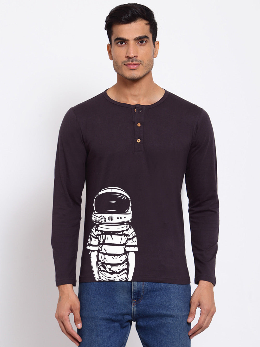 Space Boy Grey Henley Full Sleeves T-shirt
