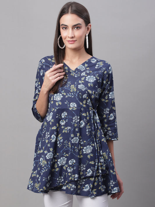 Women Blue Cotton Printed Short Kurti