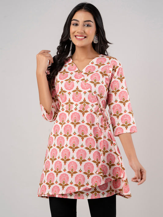 Cotton Printed Ethnic Motifs Pink Angrakha Short Tunic