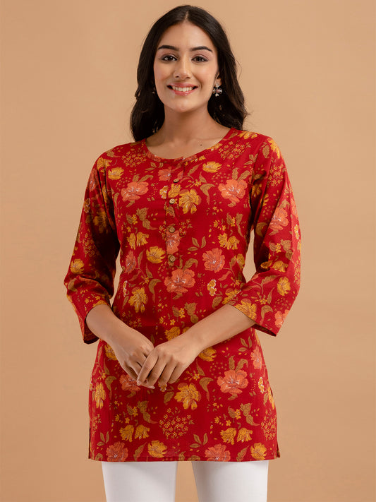 Women Red Cotton Printed Short Kurti