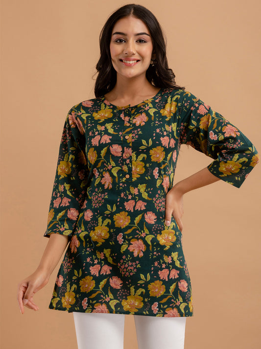 Women Green Cotton Printed Short Kurti