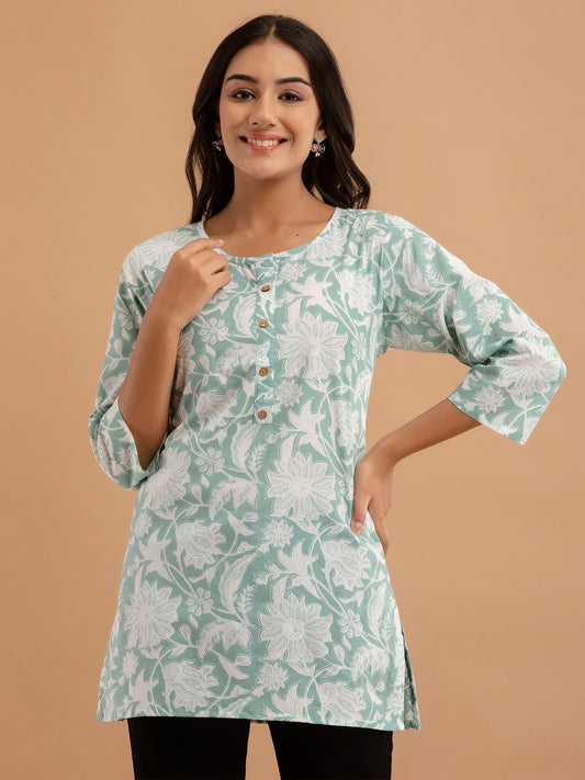 Women Sea Green Cotton Printed Short Kurti