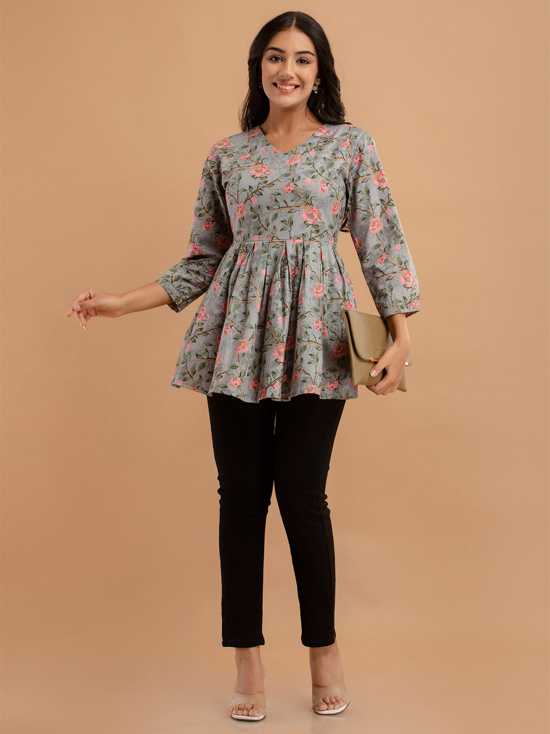 Printed Cotton Grey Peplum Tunic