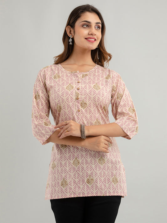 Women Mauve Cotton Printed Short Kurti