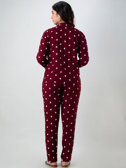 WOMEN WHITE HEARTS PRINT MAROON NIGHTSUIT