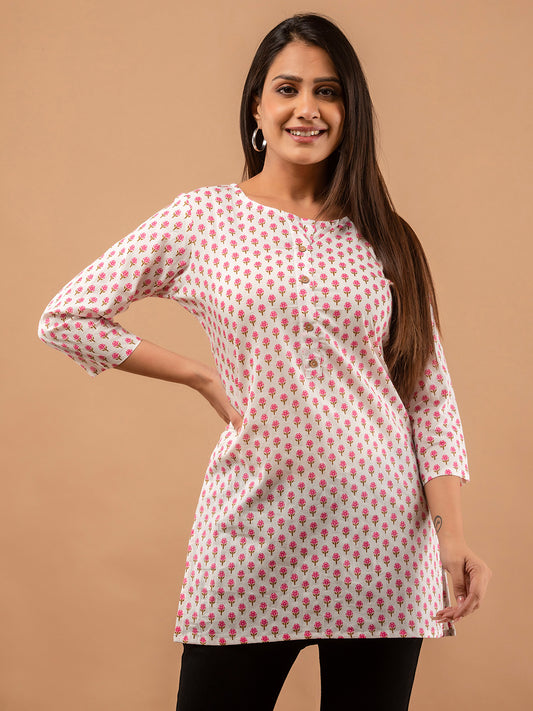 Women White Cotton Printed Short Kurti