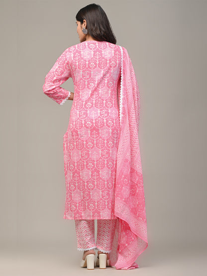 COTTON PRINTED PINK KURTA SET WITH DUPATTA