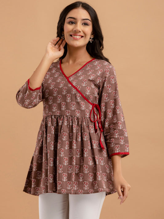 Cotton Printed Brown Angrakha Short Tunic