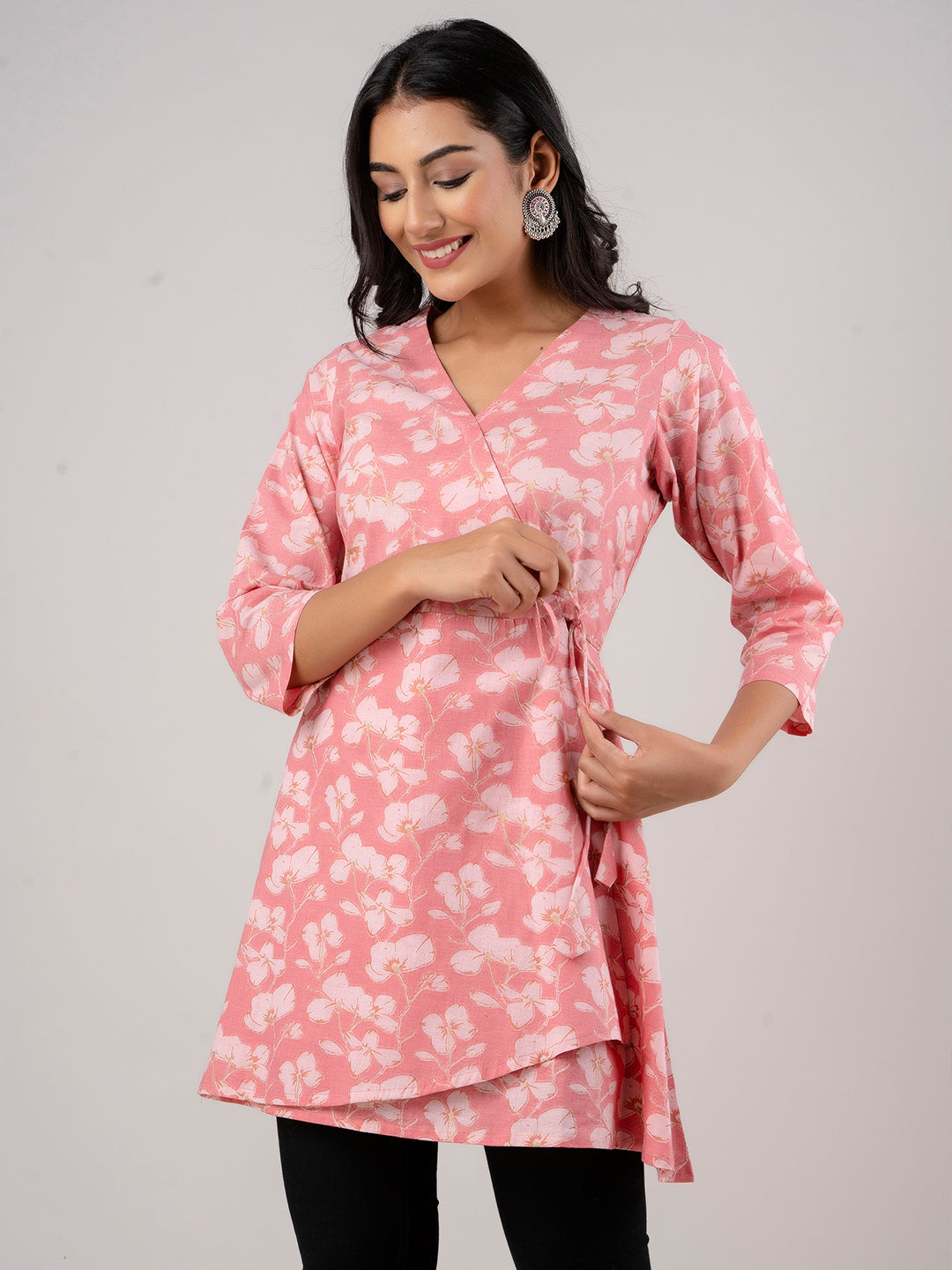 Cotton Printed Pink Angrakha Short Tunic