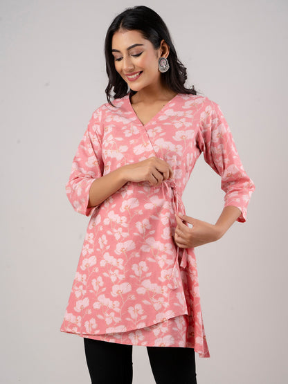 Cotton Printed Pink Angrakha Short Tunic