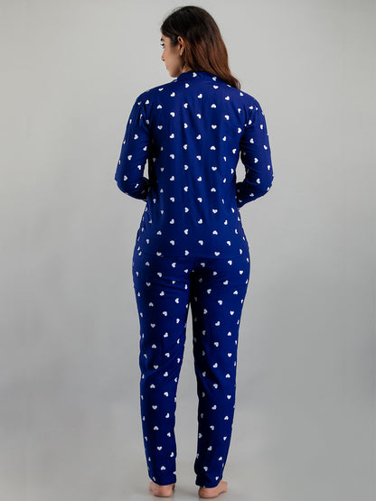 WOMEN WHITE HEARTS PRINT BLUE NIGHTSUIT