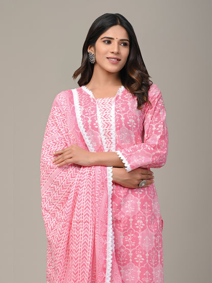 COTTON PRINTED PINK KURTA SET WITH DUPATTA