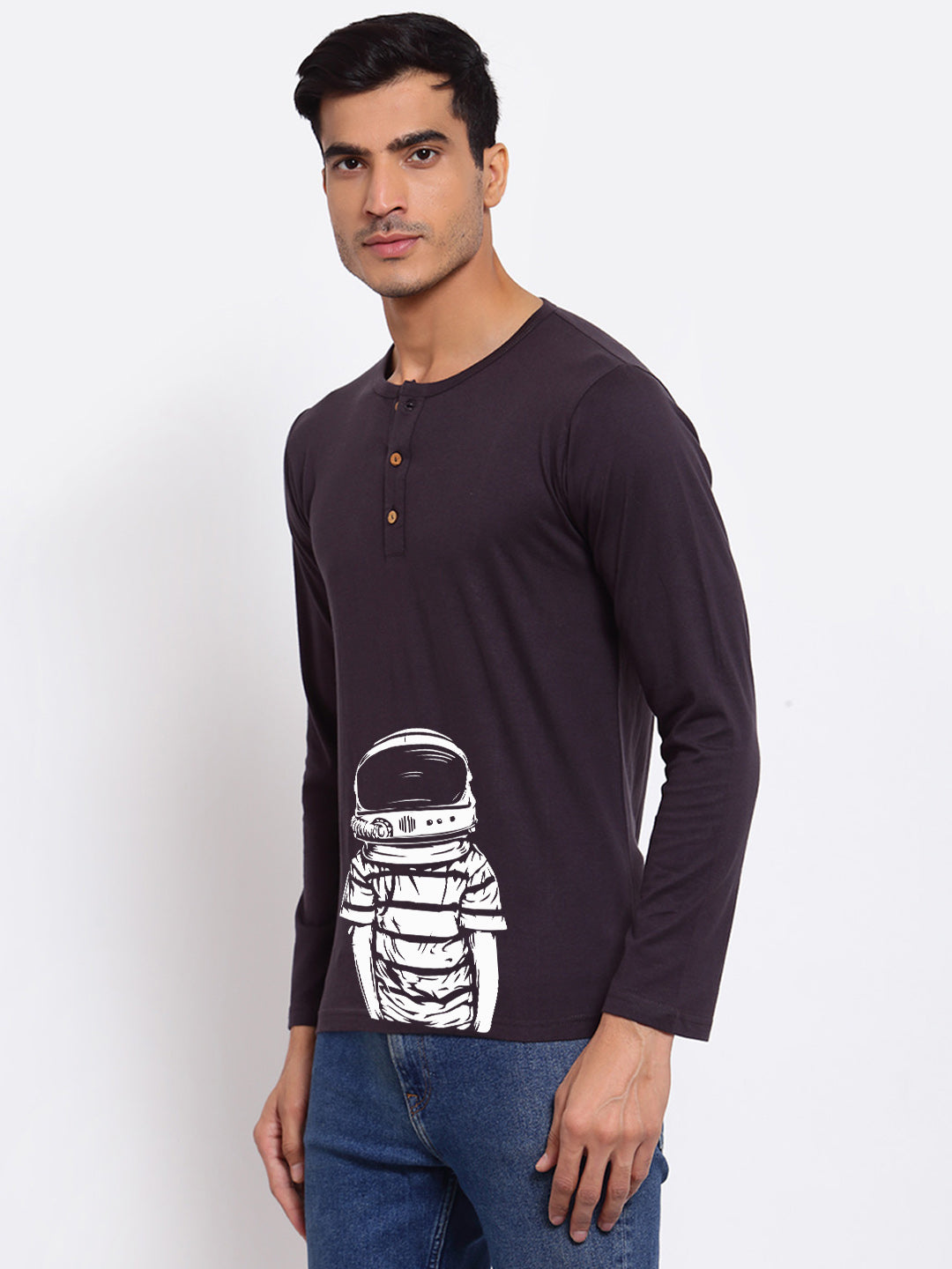 Space Boy Grey Henley Full Sleeves T-shirt