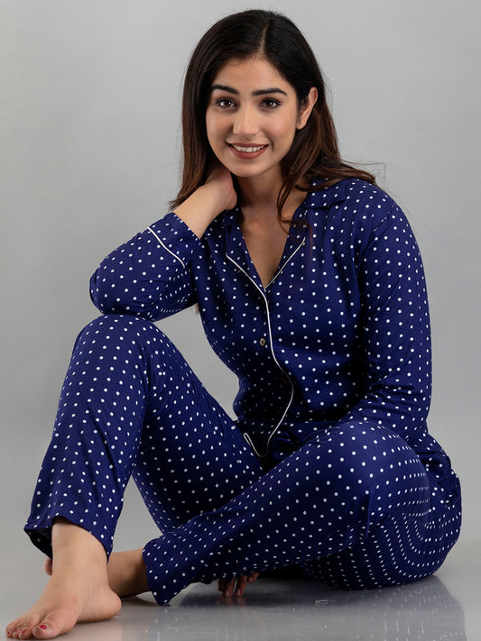 WOMEN SMALL POLKA DOT PRINT BLUE NIGHTSUIT