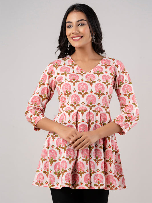 Printed Cotton Pink Peplum Tunic