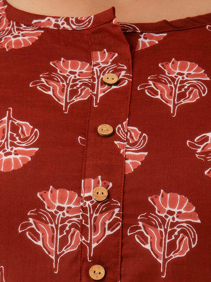 Women Red Cotton Printed Short Kurti