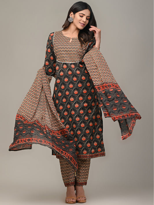 COTTON PRINTED GREY KURTA SET WITH DUPATTA