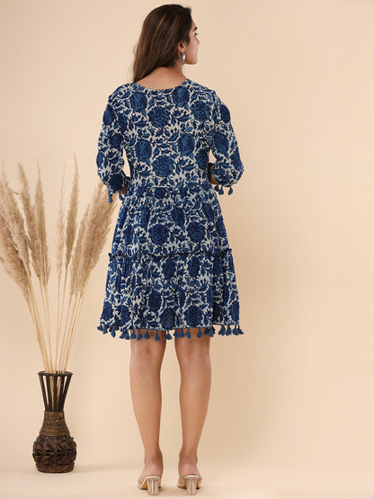 Cotton Printed Navy Blue Floral Dress