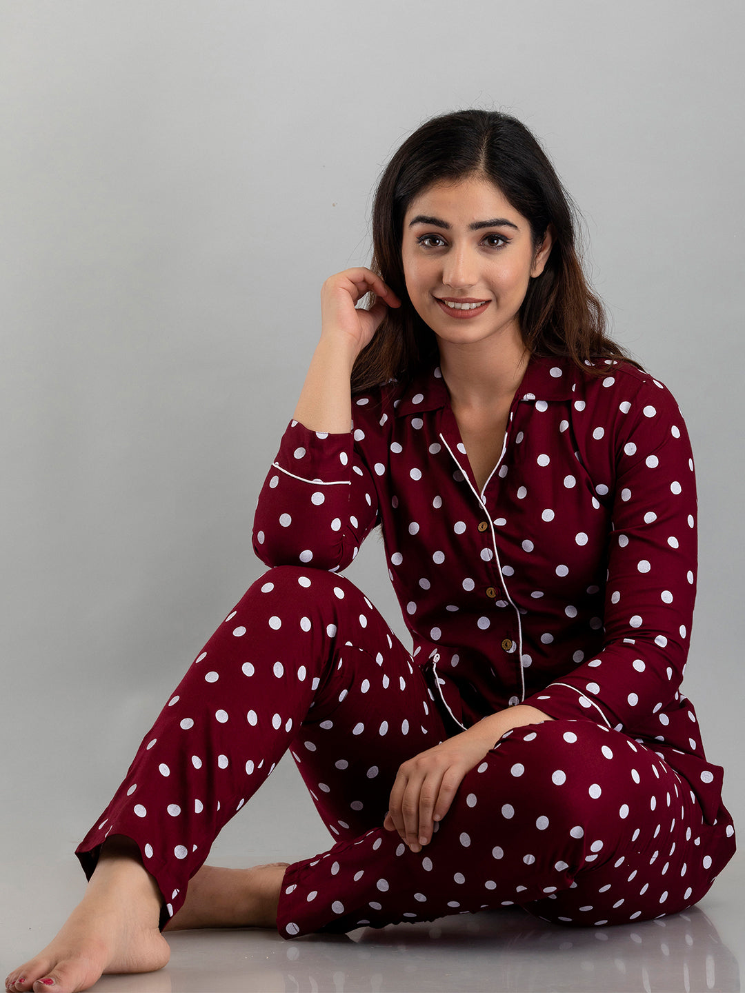 WOMEN POLKA DOT MAROON NIGHTSUIT