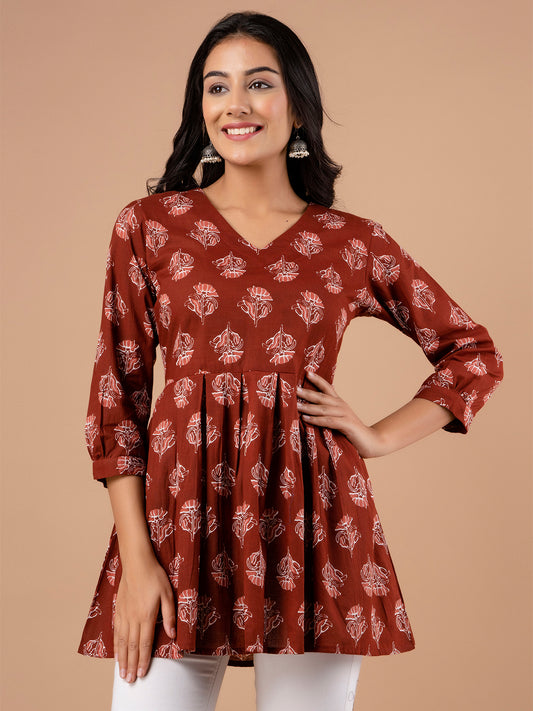 Printed Cotton Rust Peplum Tunic