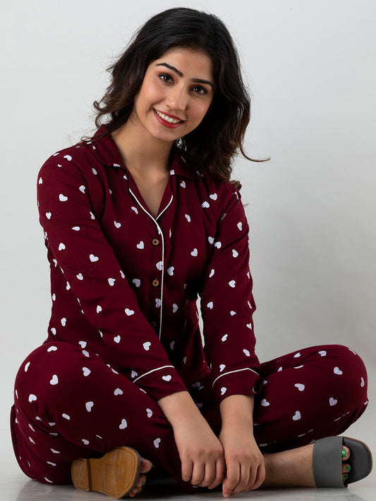 WOMEN WHITE HEARTS PRINT MAROON NIGHTSUIT