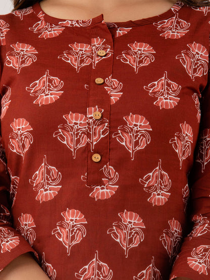 Women Red Cotton Printed Short Kurti