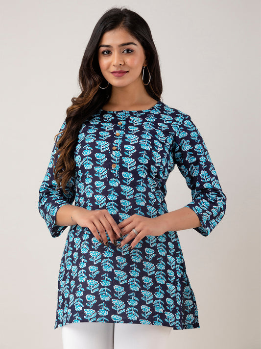 Women Blue Cotton Printed Short Kurti