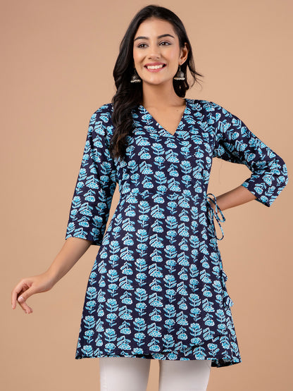 Cotton Printed Blue Angrakha Short Tunic