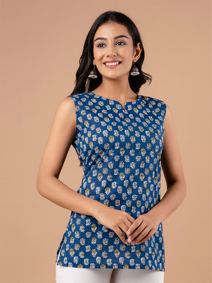 Cotton Printed Blue Sleeveless Top