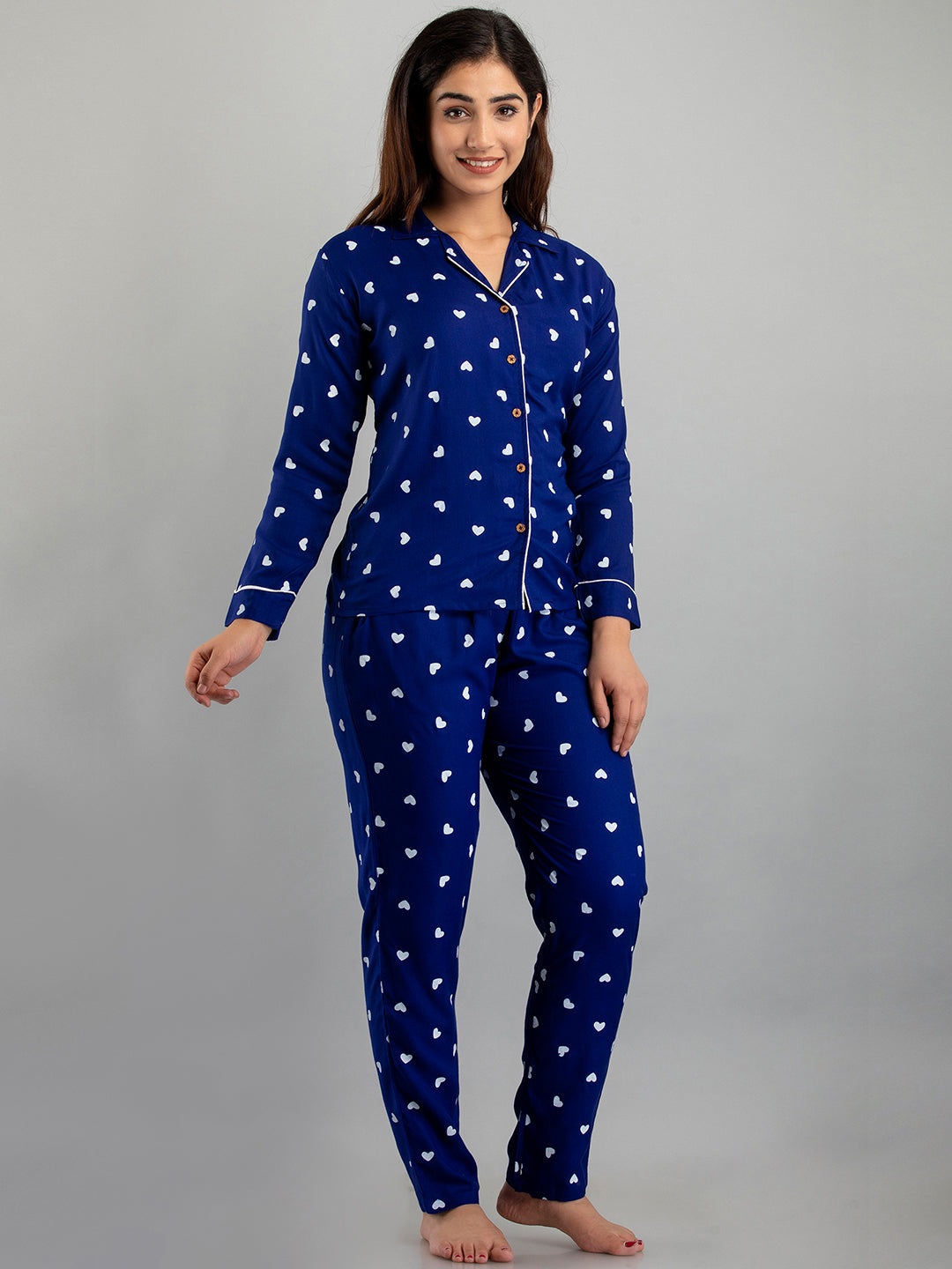 WOMEN WHITE HEARTS PRINT BLUE NIGHTSUIT