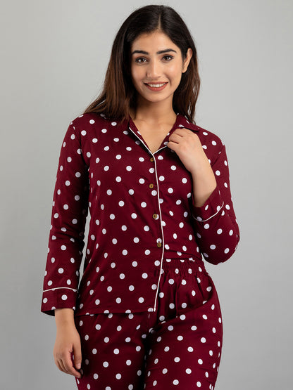WOMEN POLKA DOT MAROON NIGHTSUIT