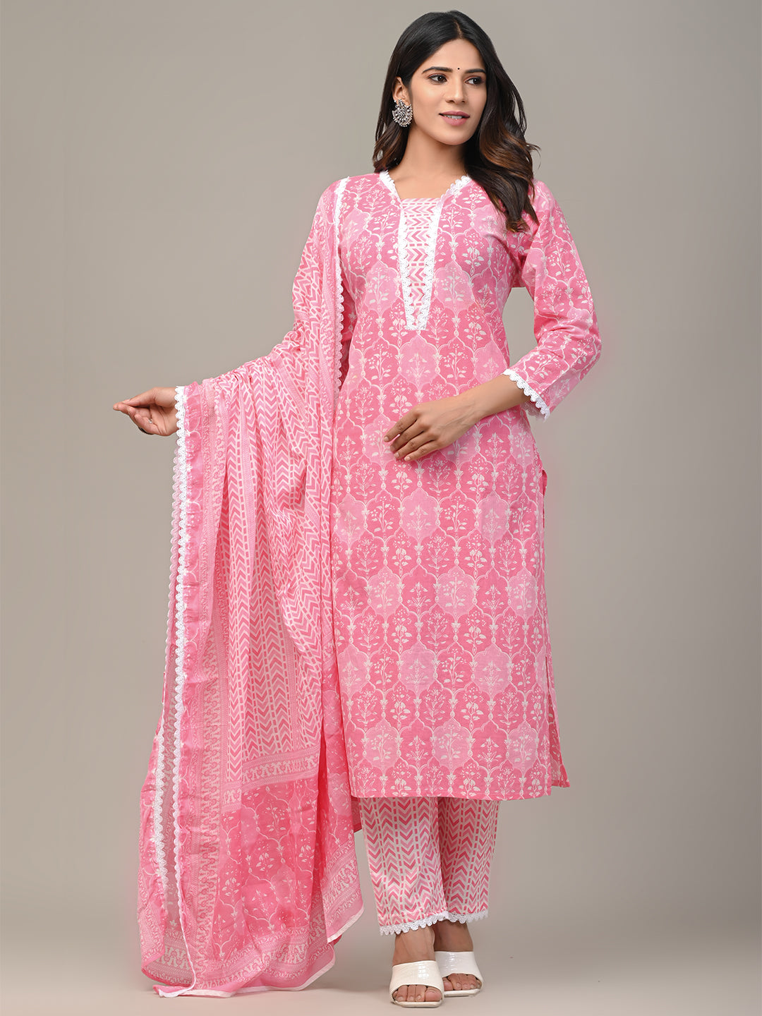 COTTON PRINTED PINK KURTA SET WITH DUPATTA