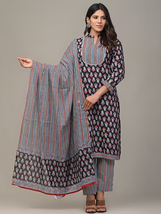 COTTON PRINTED BLACK KURTA SET WITH DUPATTA