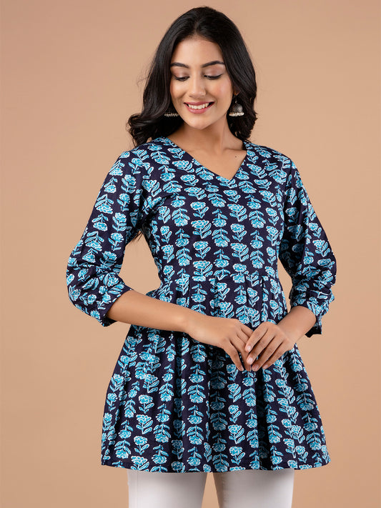 Printed Cotton Blue Peplum Tunic