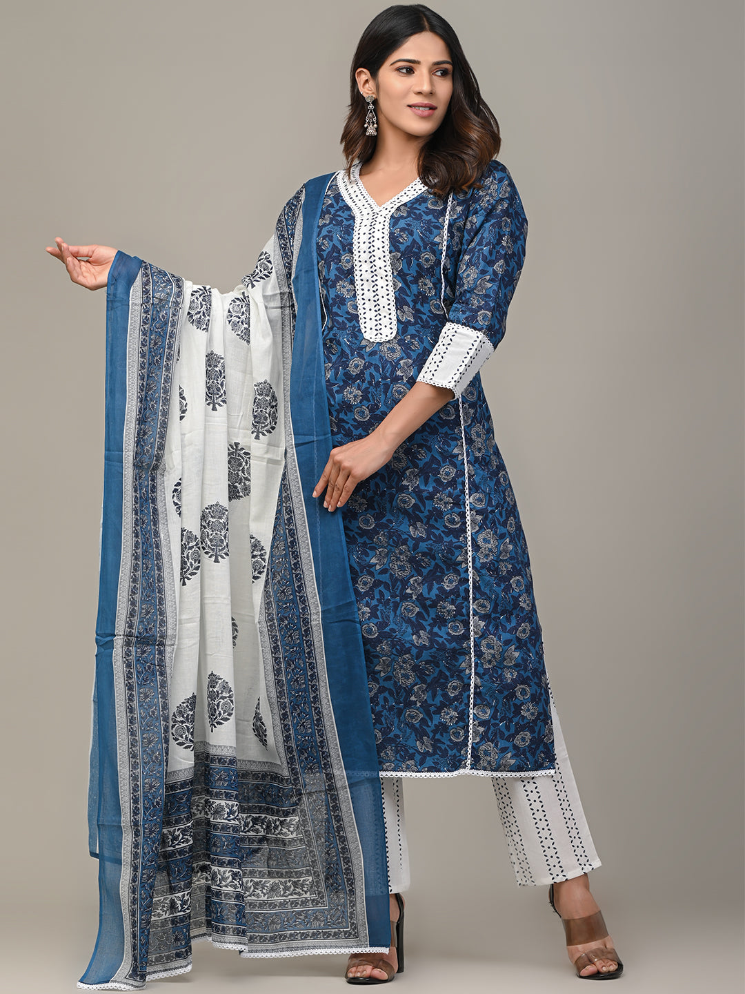 COTTON PRINTED BLUE KURTA SET WITH DUPATTA