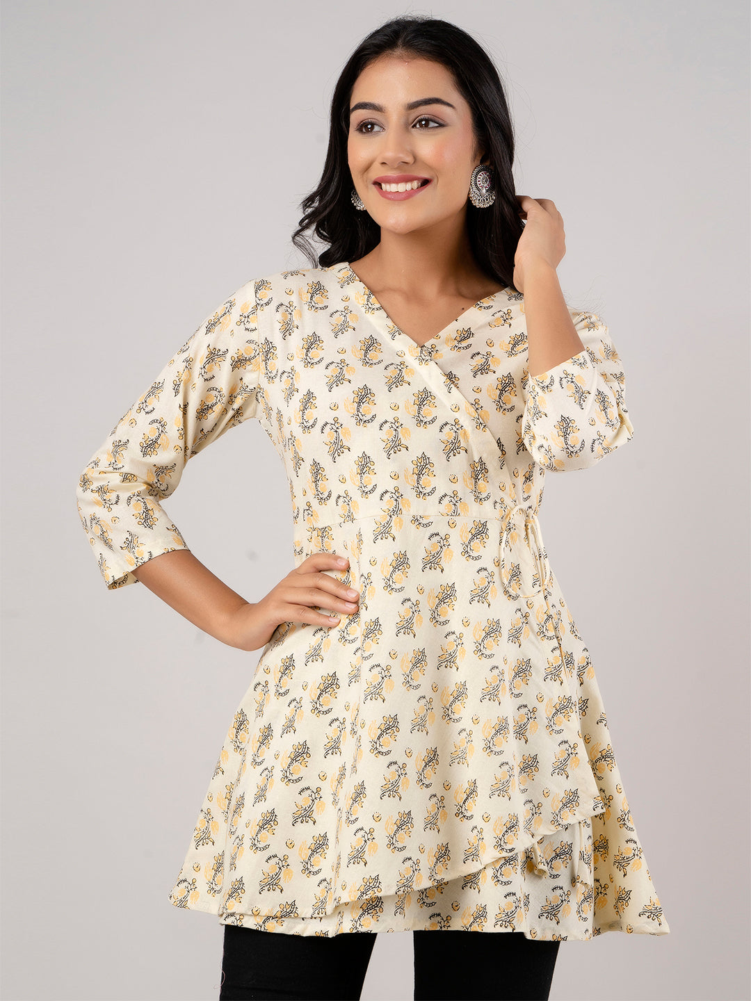 Cotton Printed Yellow Angrakha Short Tunic