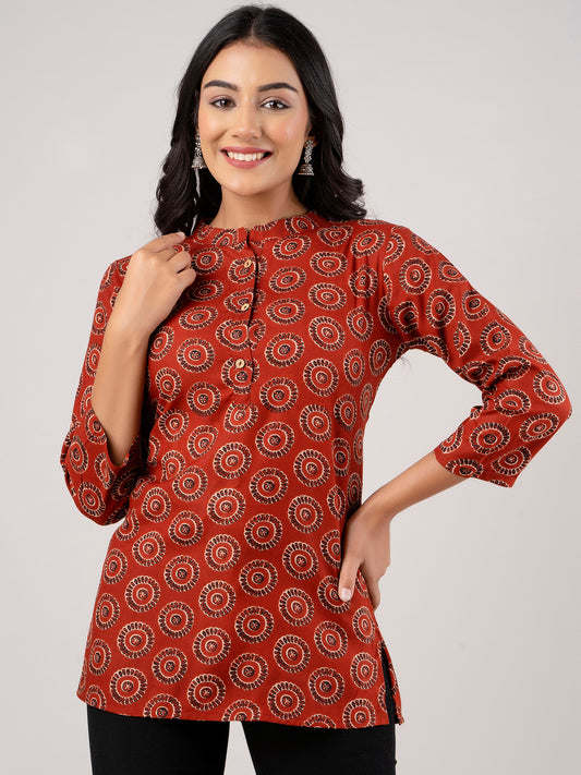 Women Rayon Printed Rust Short Kurti