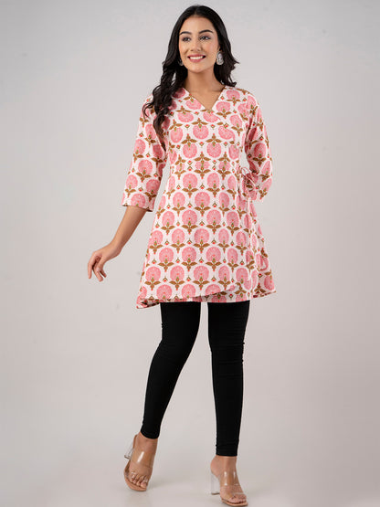 Cotton Printed Ethnic Motifs Pink Angrakha Short Tunic